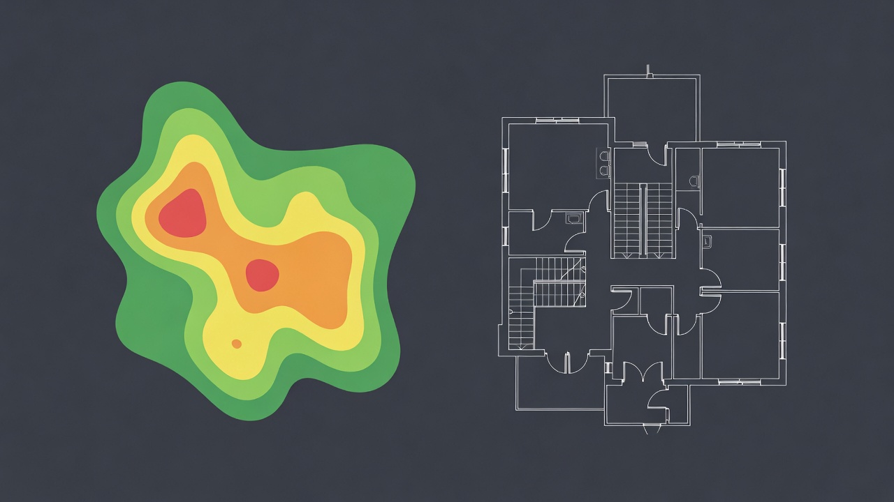 Wi-Fi coverage heatmap beside an architectural floor plan