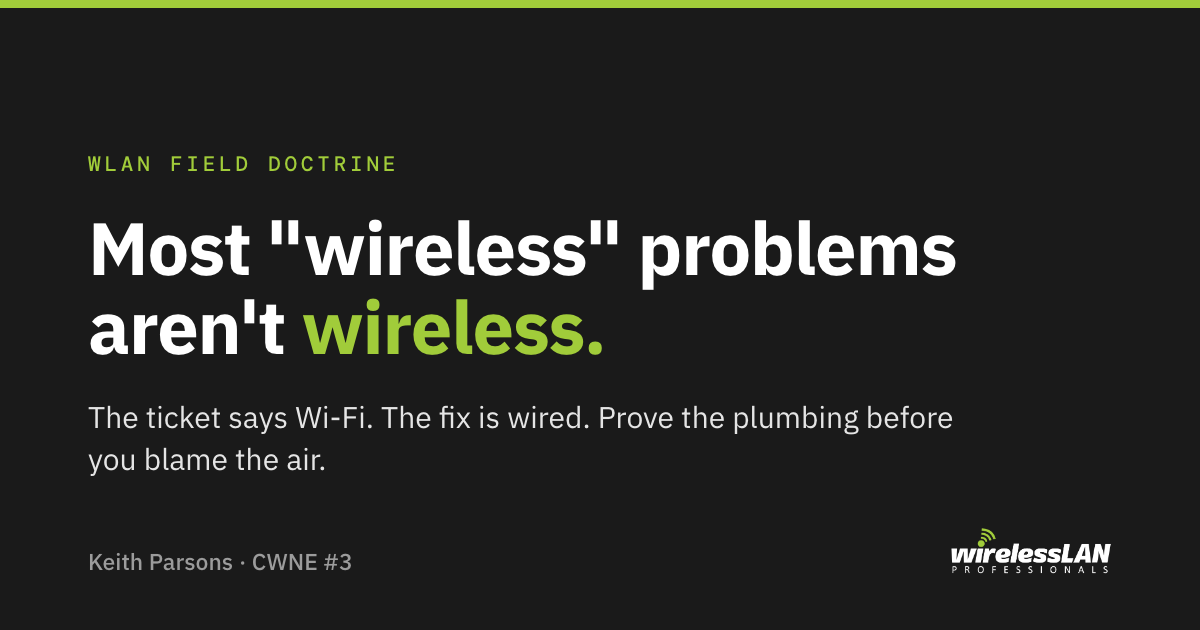 Most wireless problems aren't wireless. The ticket says Wi-Fi. The fix is wired. Prove the plumbing before you blame the air.