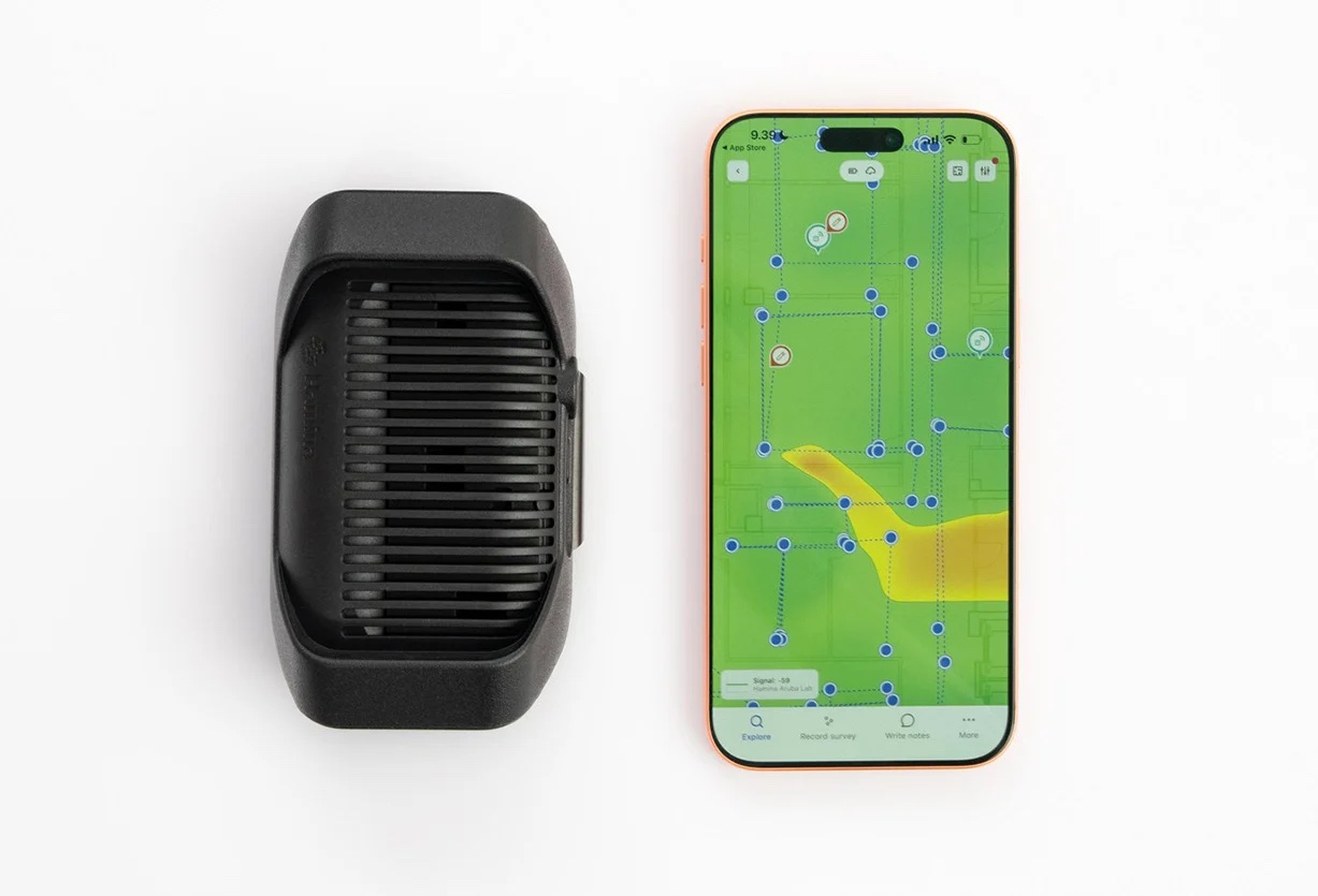 The Hamina Clip beside an iPhone running Hamina Onsite. Photo: Hamina Wireless